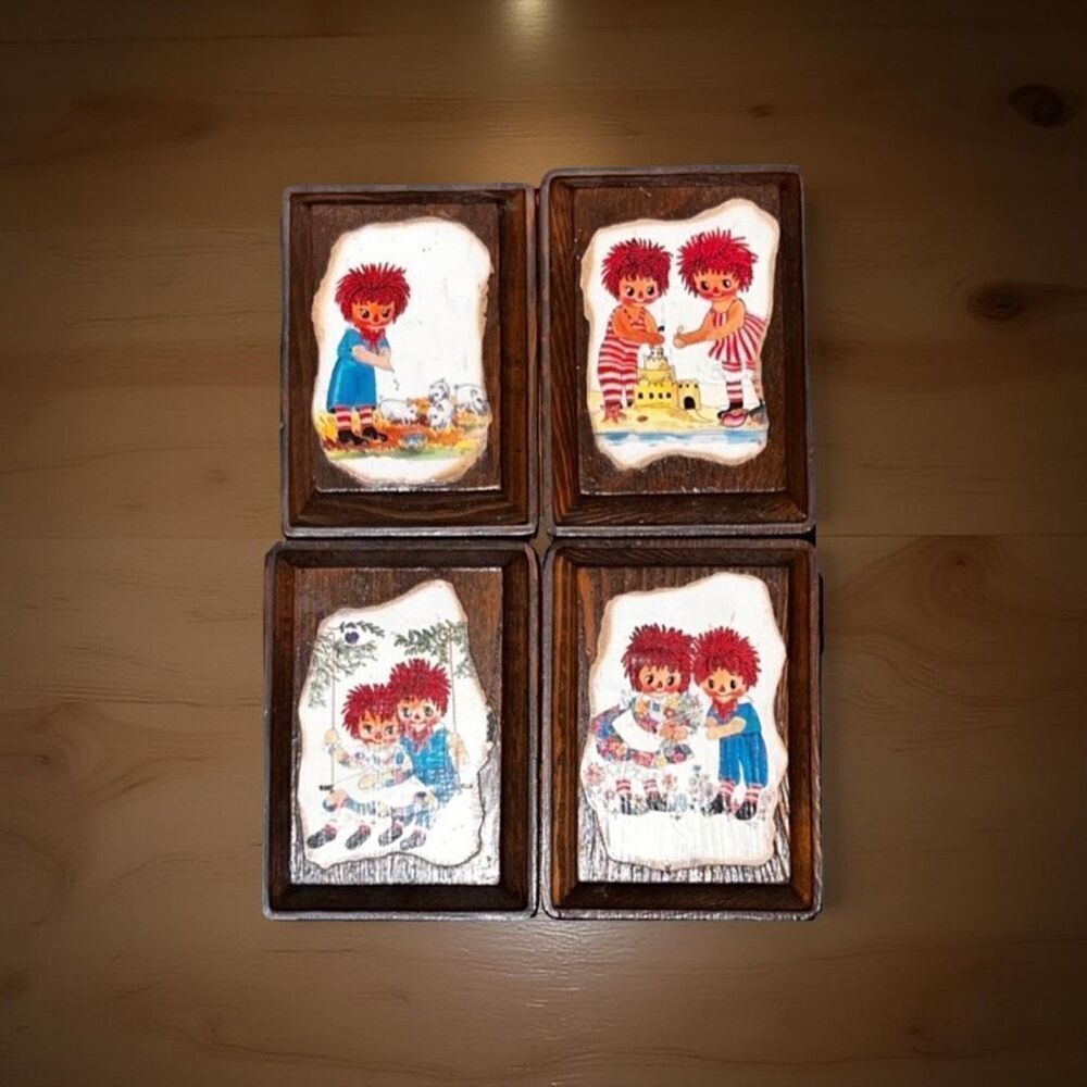 4 Vintage Raggedy Ann & Andy Wood Block Wall Hangings 2”x4” Decoupage B12